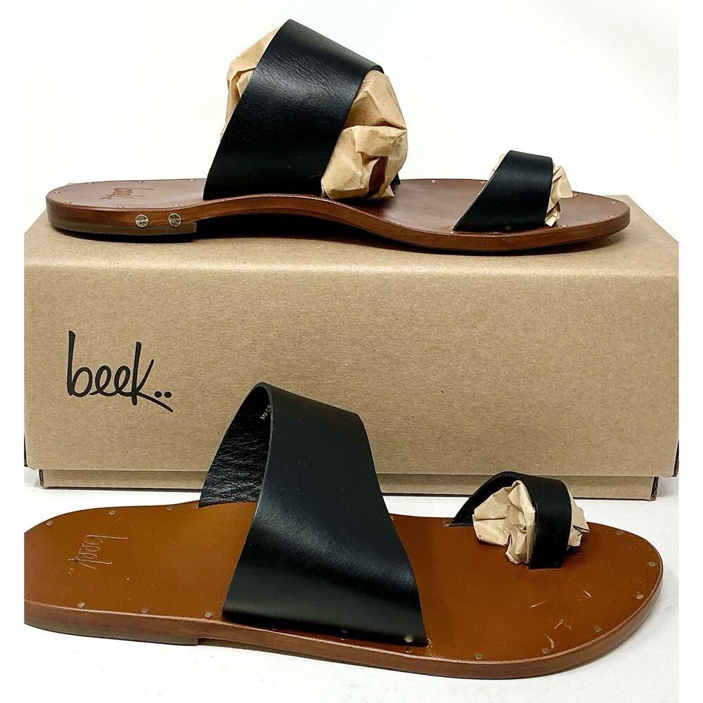 Beek Finch Toe Ring Flat Black Leather Sandals Size 9 NIB - Picture 3 of 9
